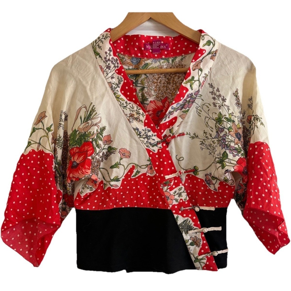 Mary Mona Vintage Silk Patchwork Top Frog Closure Whimsigoth Boho Art To Wear SM